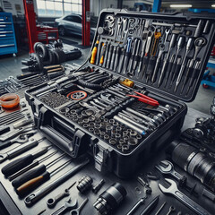 An open toolbox filled with various tools and accessories, including sockets, wrenches, screwdrivers, and pliers, sits on a workbench in a garage