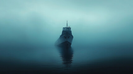Fototapeta premium Dramatic Scene of a Ship in the Foggy Sea