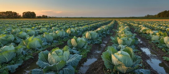 Fototapeta premium A beautiful field of lush green lettuce is growing in neat rows on a sunny day