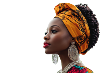 A woman in profile wearing a vibrant headwrap and elegant earrings, showcasing cultural style and beauty against a crisp white background.