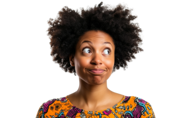 A woman with curly hair displaying a thoughtful expression, wearing a vibrant patterned top. She appears to be pondering or joking.