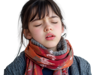 A young girl in a scarf with her eyes closed, expressing a moment of serenity or contemplation against a white isolated background.