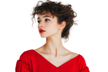 A young woman with curly hair, dressed elegantly in a striking red top, gazing thoughtfully to the side against a clean white background.