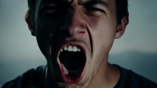 Crazy aggressive man screams in despair, pain and fear. Deep furious emotions. Mad guy yell close up. Male person shout and cry closeup. Dark background. Bad day.