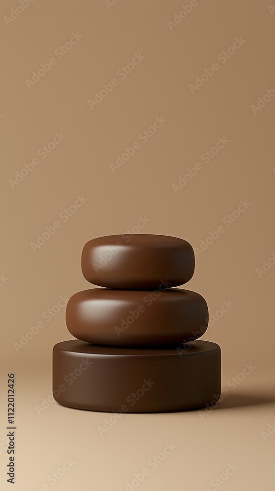 Poster three smooth, circular forms in rich mocha tones are carefully arranged, showcasing simplicity and m
