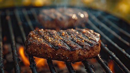 A barbecue grill cooks a juicy steak to perfection, creating a mouthwatering image
