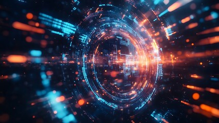 Obraz premium A rotating holographic logo with smooth edges and vibrant light beams, set against a black background 