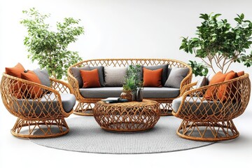 a stylish collection of outdoor rattan furniture, showcasing a variety of couches and armchairs isolated against a clean white background, emphasizing modern design and comfort