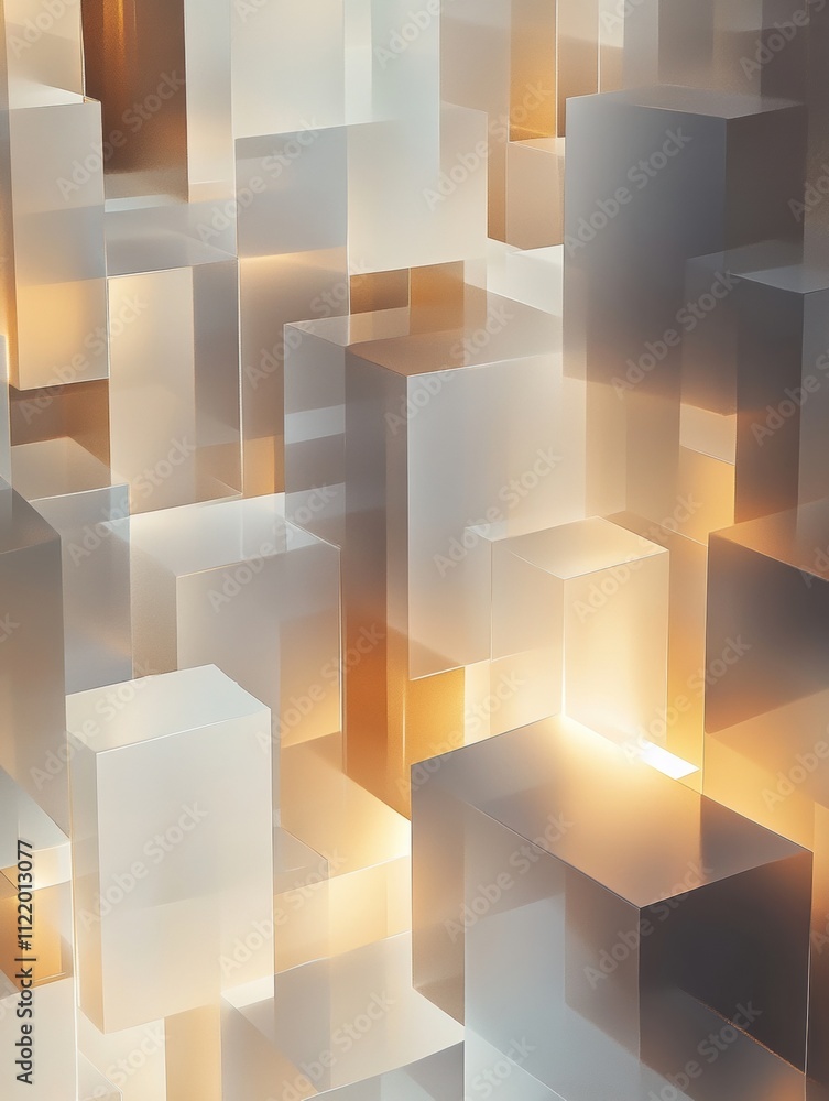 Poster translucent blocks interact in this 3d abstract mockup, showcasing intriguing shapes and a glowing a