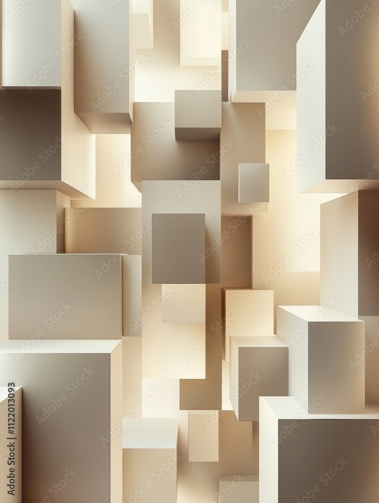 Poster experience an innovative arrangement of 3d abstract shapes, with varying sizes and soft lighting cre