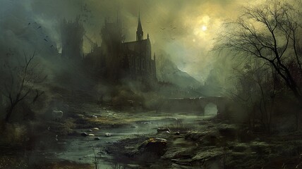 A mystical image, mysterious and mysterious, a gritty image that, when viewed, creates a sense of dread, yet fills one with desire. Tree and building in the dark. AI-generated image.