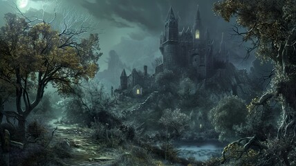 A mystical image, mysterious and mysterious, a gritty image that, when viewed, creates a sense of dread, yet fills one with desire. Tree and building in the dark. AI-generated image.