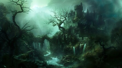 A mystical image, mysterious and mysterious, a gritty image that, when viewed, creates a sense of dread, yet fills one with desire. Tree and building in the dark. AI-generated image.