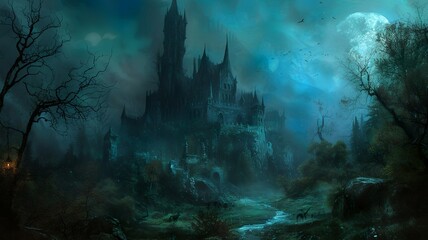 A mystical image, mysterious and mysterious, a gritty image that, when viewed, creates a sense of dread, yet fills one with desire. Tree and building in the dark. AI-generated image.