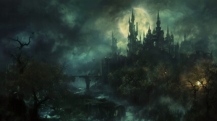 A mystical image, mysterious and mysterious, a gritty image that, when viewed, creates a sense of dread, yet fills one with desire. Tree and building in the dark. AI-generated image.