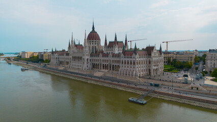 Fototapeta premium The drone view above Danube river in Budapest, Hungary