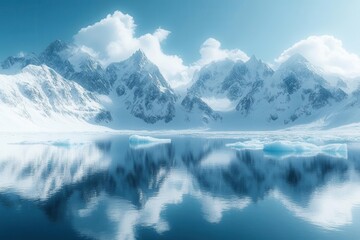 Fototapeta premium a vast snowy mountain range stretches into the horizon, with ethereal ice blocks floating, evoking feelings of isolation and the beauty of nature