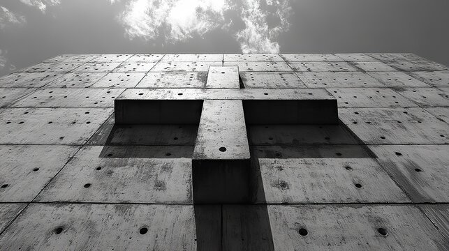 Fototapeta A black and white photo of a cross on a concrete wall, ideal for religious concepts with ample copy space