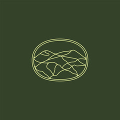 Green Elevate Mountain Hills Enclosed in Oval Device Line Art, Wellness Sauna Luxury Logo Design Vector