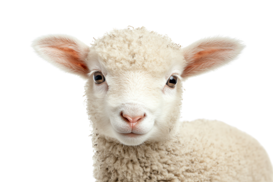Close-up portrait of a cute lamb with fluffy white fleece, looking curiously at the camera against a white isolated background.