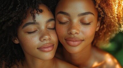 Obraz premium A Black mother and daughter embrace with closed eyes, expressing love, appreciation, and family bonds