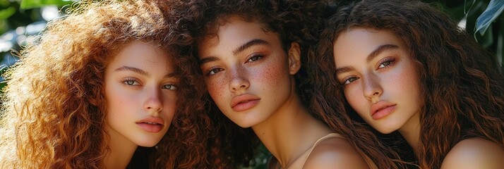 Obraz premium Curly-haired models posing in a garden setting, emphasizing natural beauty
