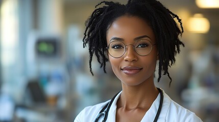 Obraz premium A Black woman doctor's portrait in a hospital setting conveys trust, confidence, professionalism, and healthcare expertise