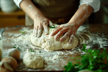 Fototapeta premium Baker kneading dough on wooden table in bakery