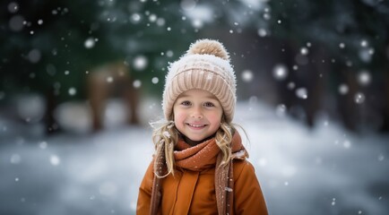 Fototapeta premium Winter kid portrait. Kid having fun on snowy winter day. Children in winter. Cute child wearing warm clothes playing in a snow. Winter activities for kids.