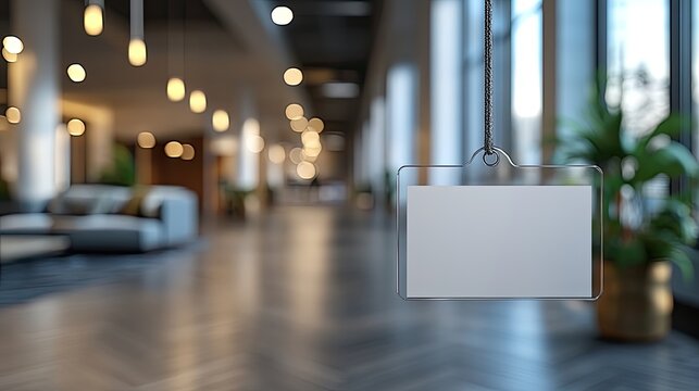 A blank name tag badge mockup, hanging on a string, features a transparent plastic paper holder for corporate designs