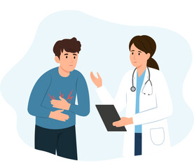 Fototapeta premium Doctor talking to patient with stomach ache.A problem with the intestines, stomach or a bolt in the abdomen. Physician consults patient, diagnoses, prescribes. Vector Illustration