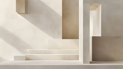 Fototapeta premium This 3D abstract mockup features smooth geometric shapes cast in soft light, allowing for versatile design applications with ample copy space. Generative AI