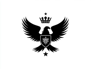 Black eagle heraldic crest with crown and shield.