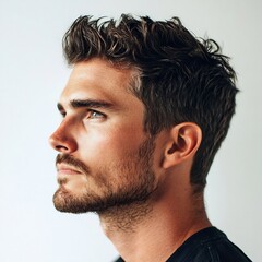 Obraz premium Side profile shot of a young well groomed man with a beard against a plain white background