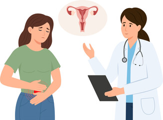 A doctor is talking to a patient. A woman is standing and suffering from menstrual pain in her stomach.Endometriosis, endometrium dysfunctionality. Month of Awareness About Endometriosis.