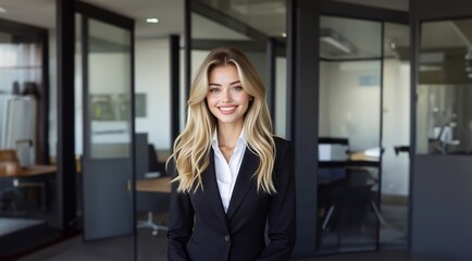 Obraz premium Happy business woman, smiling positive female manager in office, portrait. Confident business woman entrepreneur, female manager leader in modern office looking.