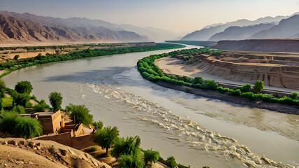 Fototapeta premium Indus River – One of the longest rivers in Asia, flowing through Pakistan and India, and the cradle of the ancient Indus Valley Civilization.ai
