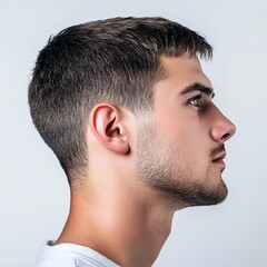 Obraz premium Thoughtful Young Man in Profile Against White Background