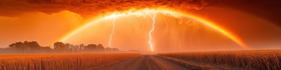 Fiery rainbow arcs over a rural road with lightning bolts illuminating a dramatic orange sky, ideal for weather-themed posters and surreal wallpapers.

