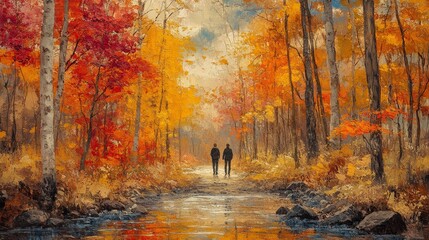Autumnal Walk: Two Figures in a Golden Forest