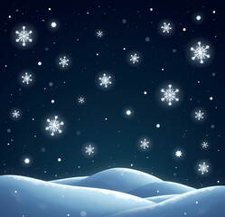 Glowing snowflakes drifting in dark night sky, tranquil winter scene, serene ambiance, copy space