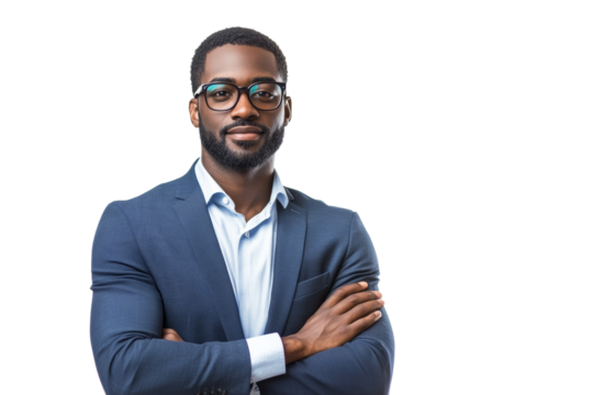 Confident business professional in a suit with glasses, posing with arms crossed against a white isolated background.