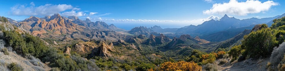 Fototapeta premium Mountains with rugged ranges and lush valleys under a bright blue sky, ideal for travel posters, nature banners, and scenic wallpapers.