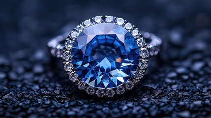 A blue sapphire gemstone is artistically set against a dark backdrop, enhancing its cut and detail