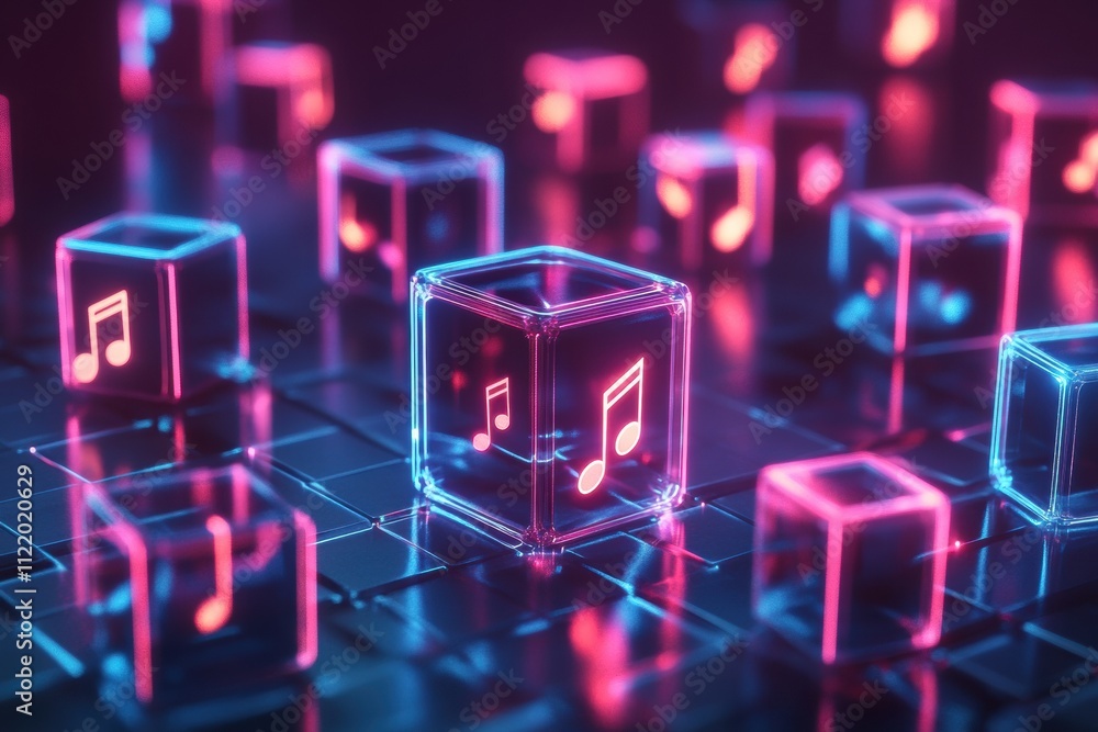 Poster vibrant 3d sound blocks glow with colorful lights in a futuristic environment, creating an engaging 