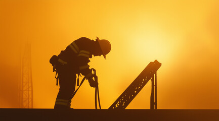 Firefighter Silhouette Inspecting Equipment: Ready for Action in the Firefighting World