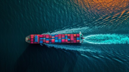 an image of a container ship. It is huge in size and can carry many containers, thus increasing import-export trade. AI generated image
