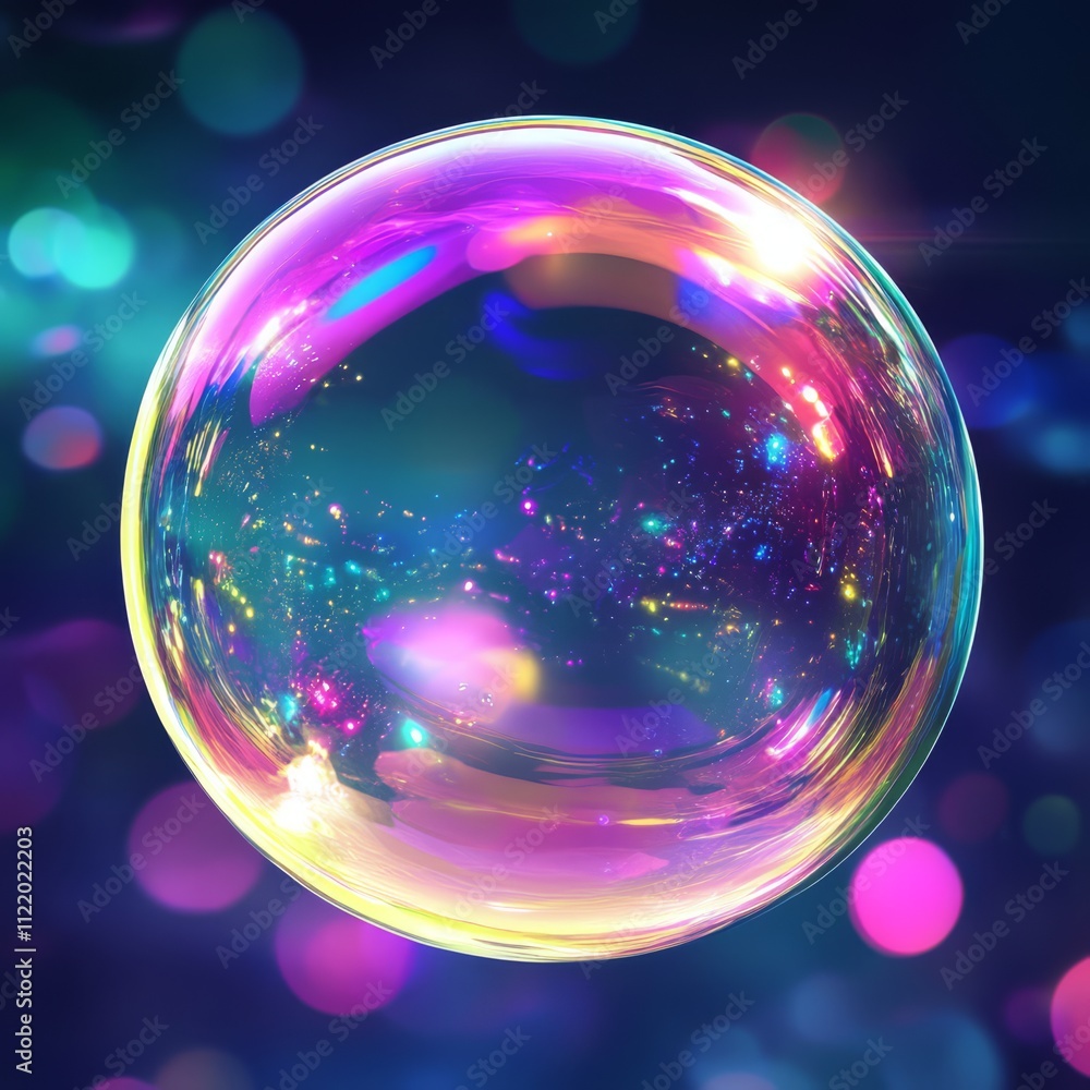 Aufkleber iridescent soap bubble on dark background with bokeh.