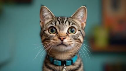 Close-up of a curious tabby cat wearing a teal collar.
