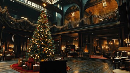 Naklejka premium New Year's interior with a Christmas tree and garlands in a office 